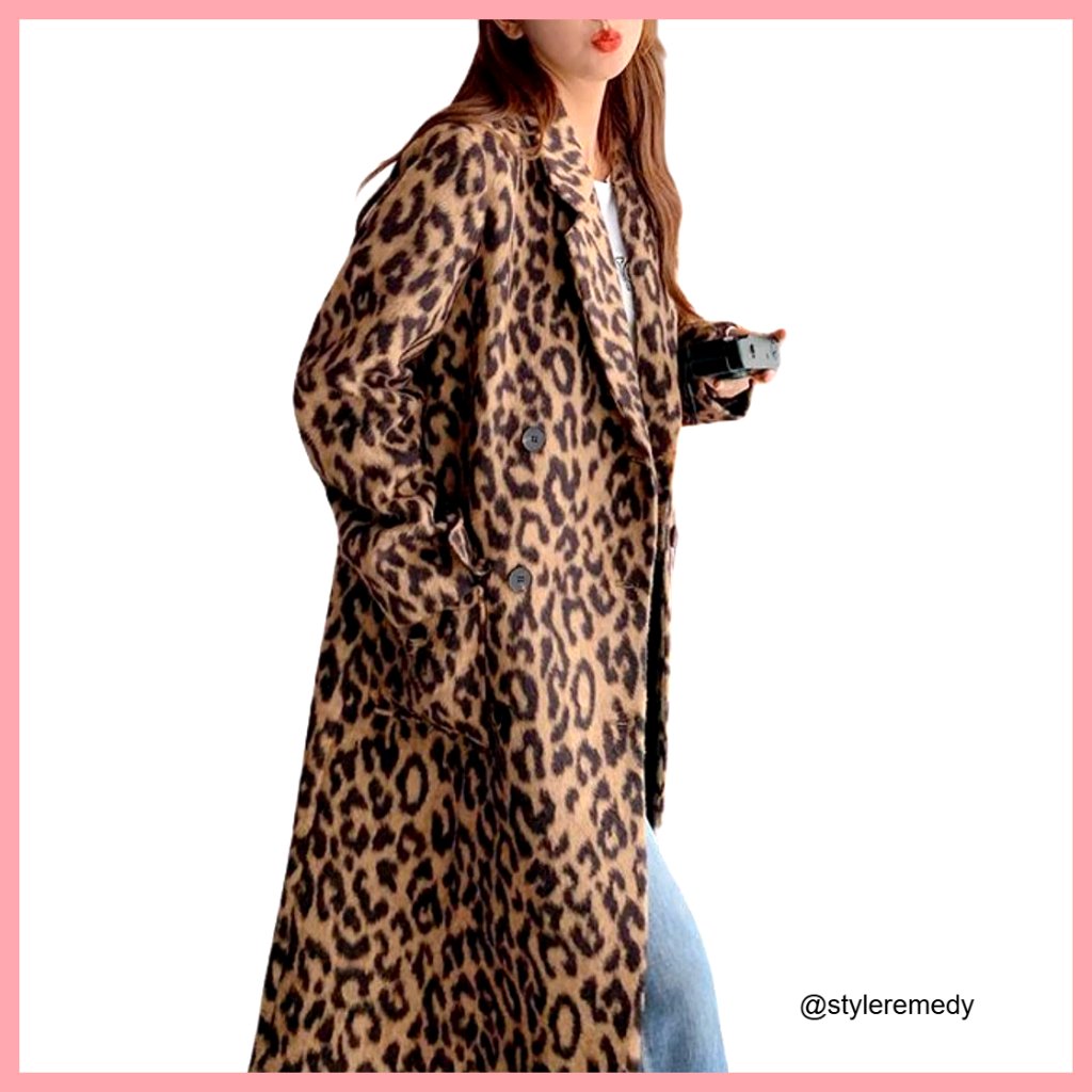 Leopard Print Wool Blend Long Trench Coat Double Breasted Pea Coat